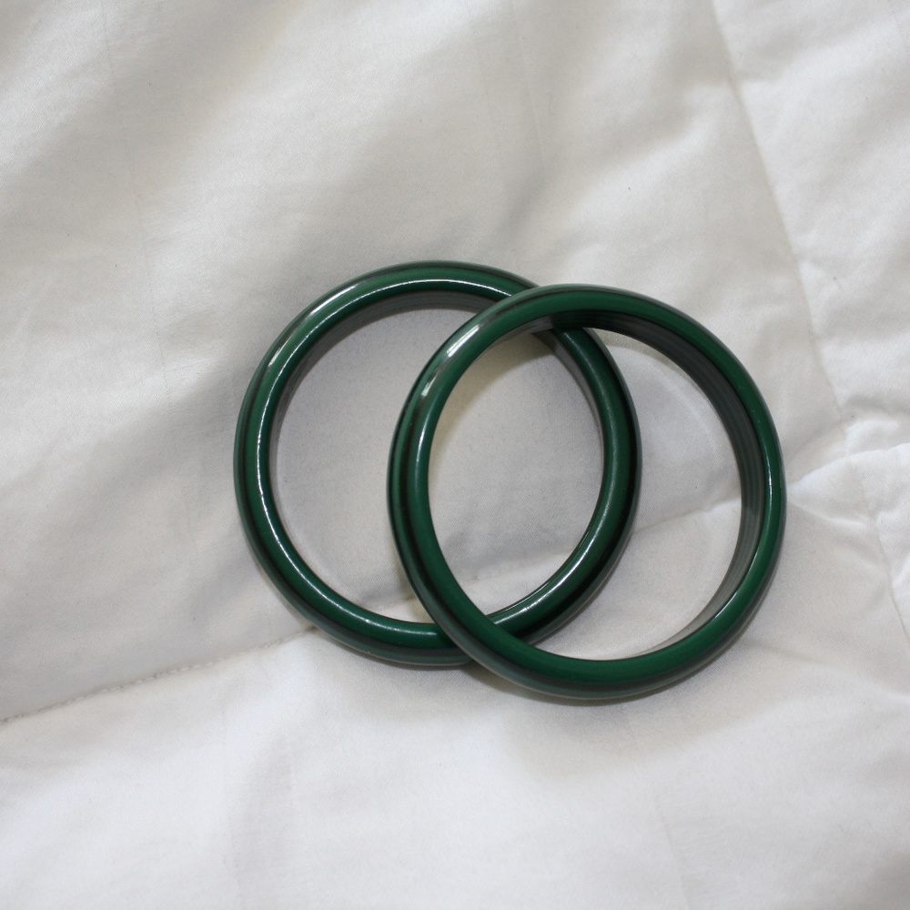 Pair of green wooden bangle bracelets 8 in